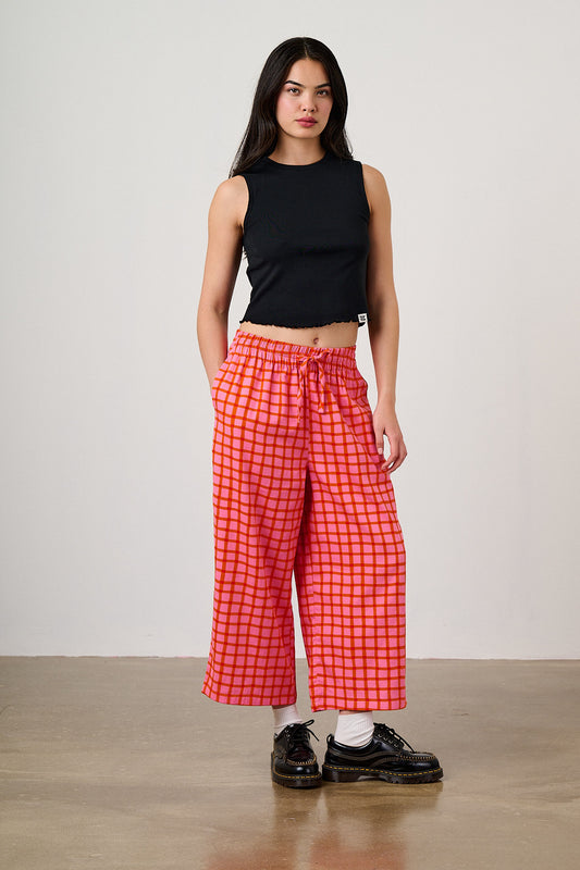 Chuck - Wide Leg Trousers Organic Cotton in Pink & Red Check