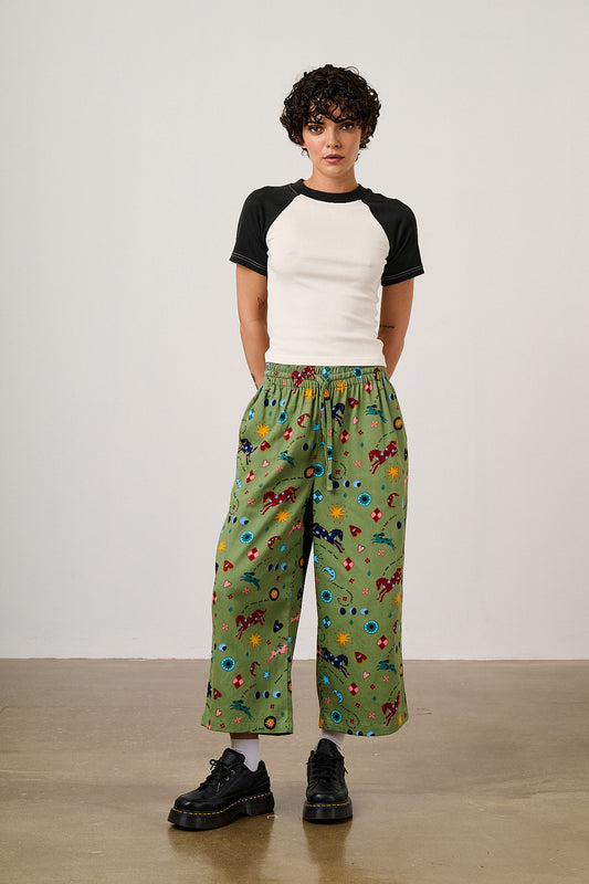 Chuck - Wide Leg Trousers - Organic Cotton in Green Celestial Dreaming