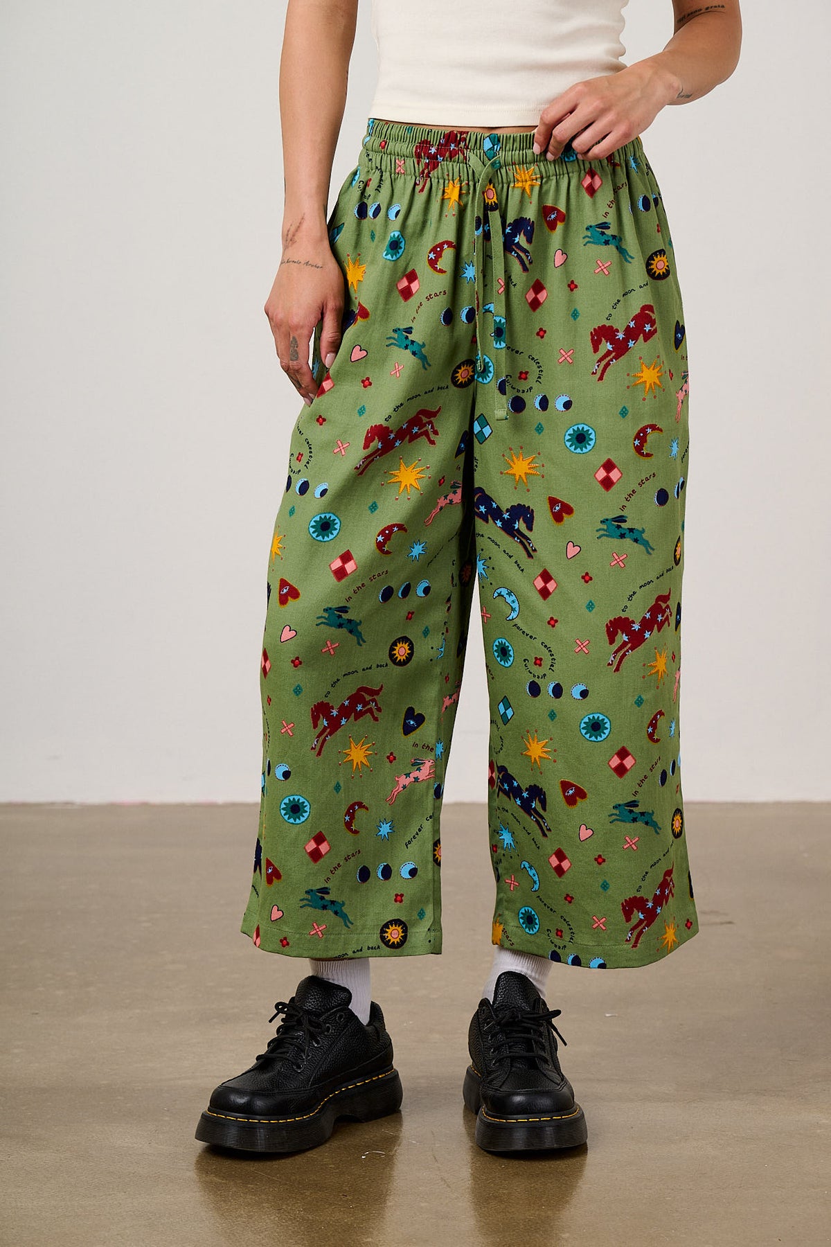 Chuck - Wide Leg Trousers - Organic Cotton in Green Celestial Dreaming