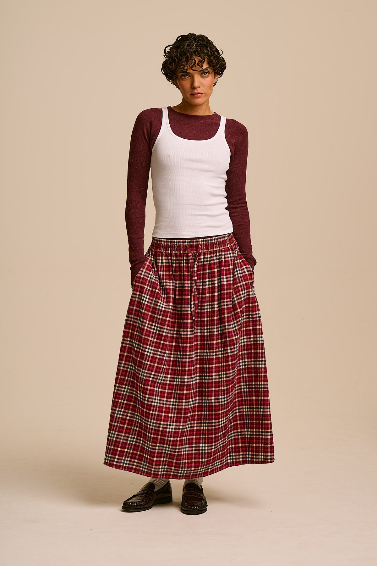 Clara - A-Line Midi Skirt Organic Brushed Cotton in Red Ahoy Check