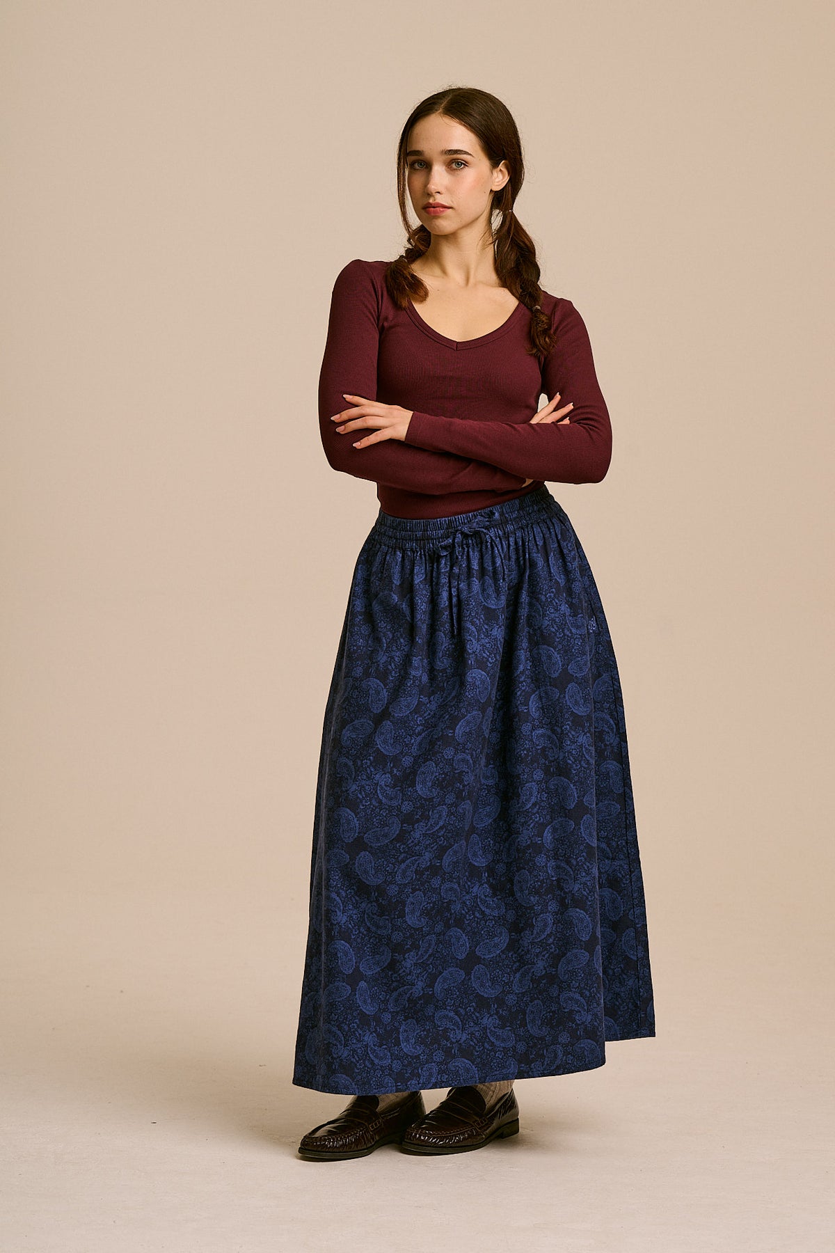 Clara - A-Line Midi Skirt Organic Brushed Cotton in Blue Grunge Paisley