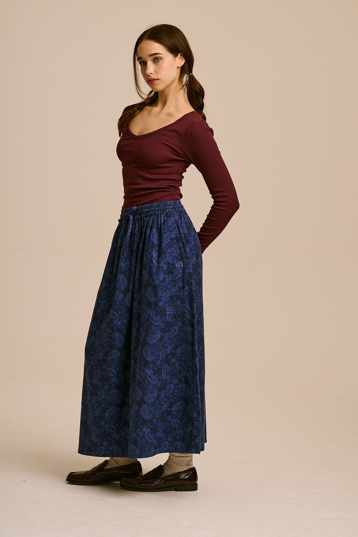 Clara - A-Line Midi Skirt Organic Brushed Cotton in Blue Grunge Paisley
