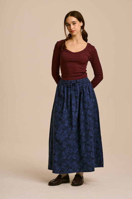 Clara - A-Line Midi Skirt Organic Brushed Cotton in Blue Grunge Paisley