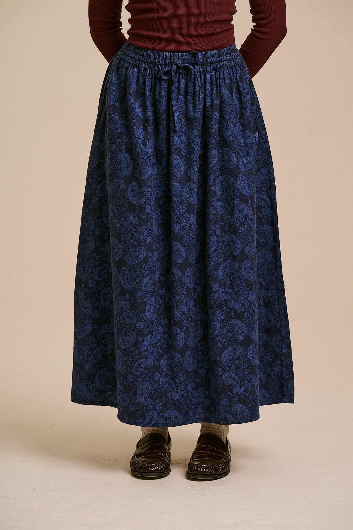 Clara - A-Line Midi Skirt Organic Brushed Cotton in Blue Grunge Paisley