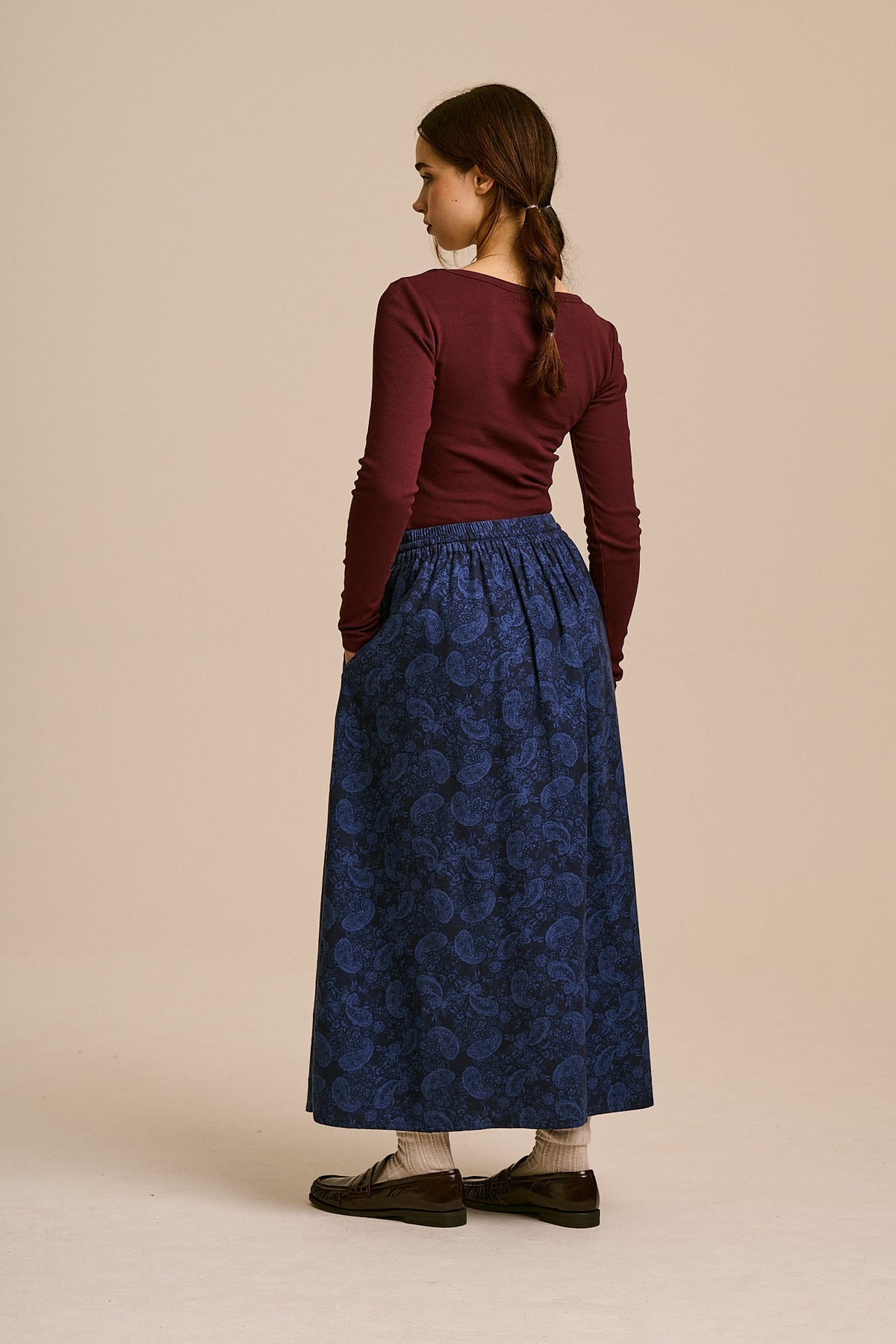 Clara - A-Line Midi Skirt Organic Brushed Cotton in Blue Grunge Paisley