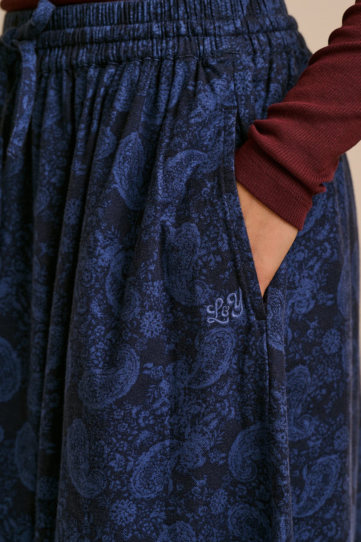 Clara - A-Line Midi Skirt Organic Brushed Cotton in Blue Grunge Paisley