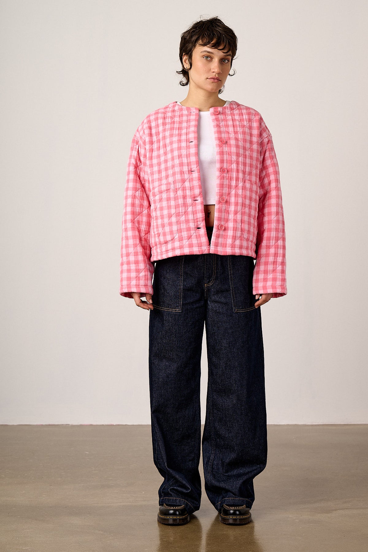 Cleo - Collarless Quilted Jacket Organic Cotton Double Gauze in Pink Check