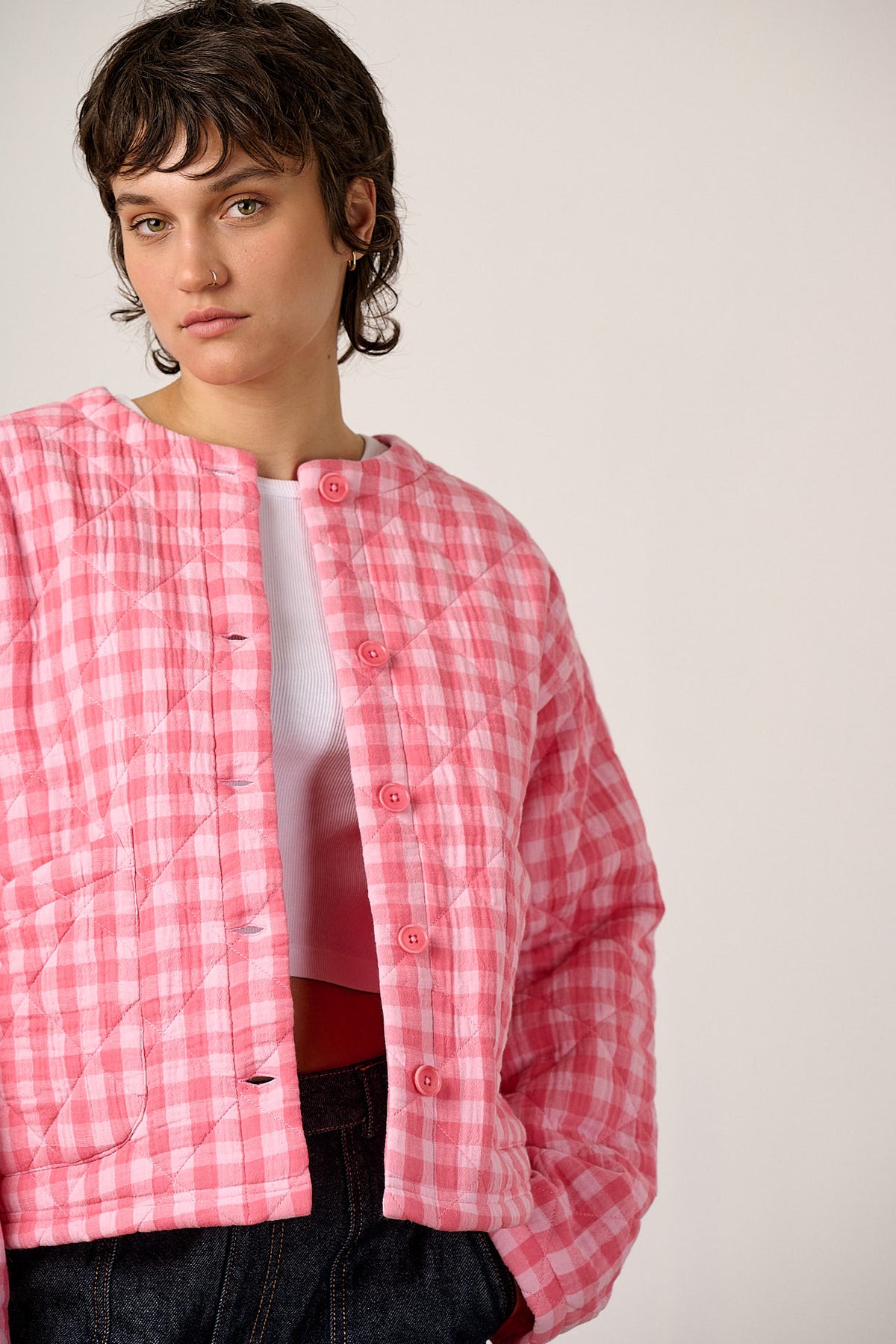 Cleo - Collarless Quilted Jacket Organic Cotton Double Gauze in Pink Check