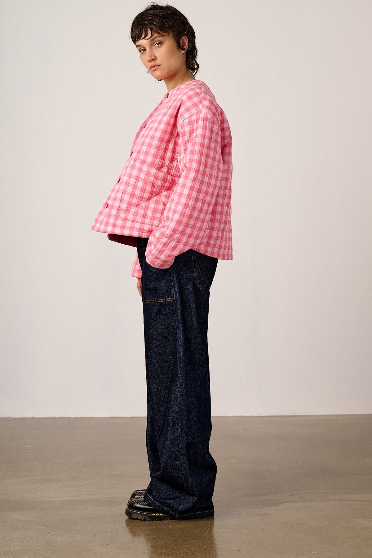 Cleo - Collarless Quilted Jacket Organic Cotton Double Gauze in Pink Check