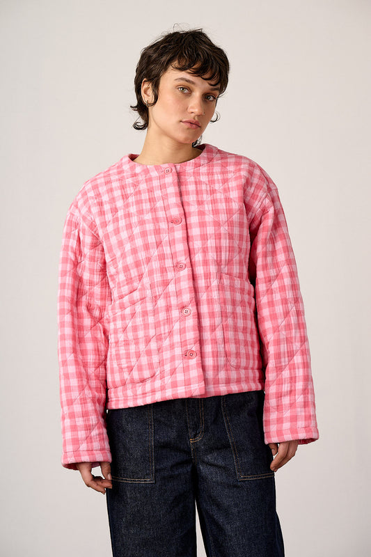 Cleo - Collarless Quilted Jacket Organic Cotton Double Gauze in Pink Check