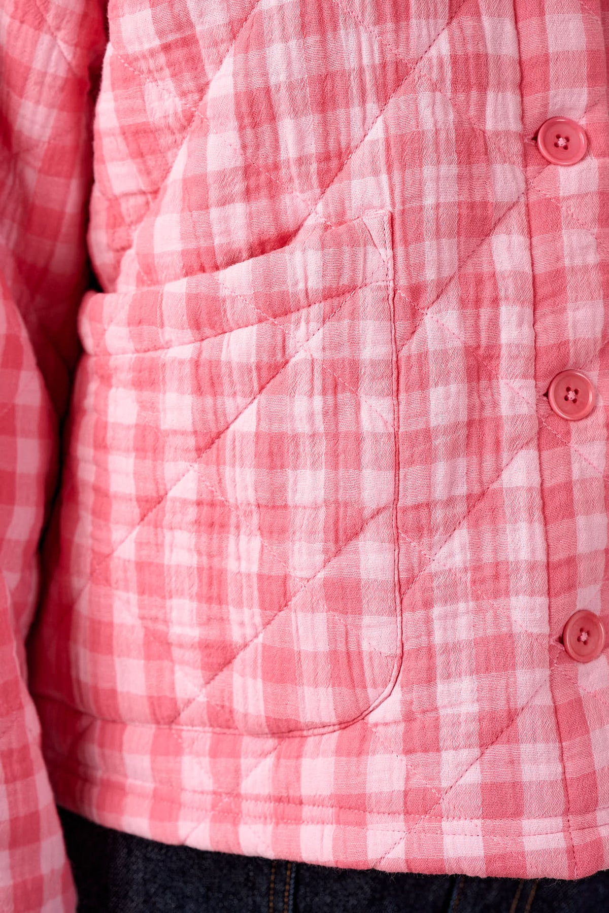 Cleo - Collarless Quilted Jacket Organic Cotton Double Gauze in Pink Check