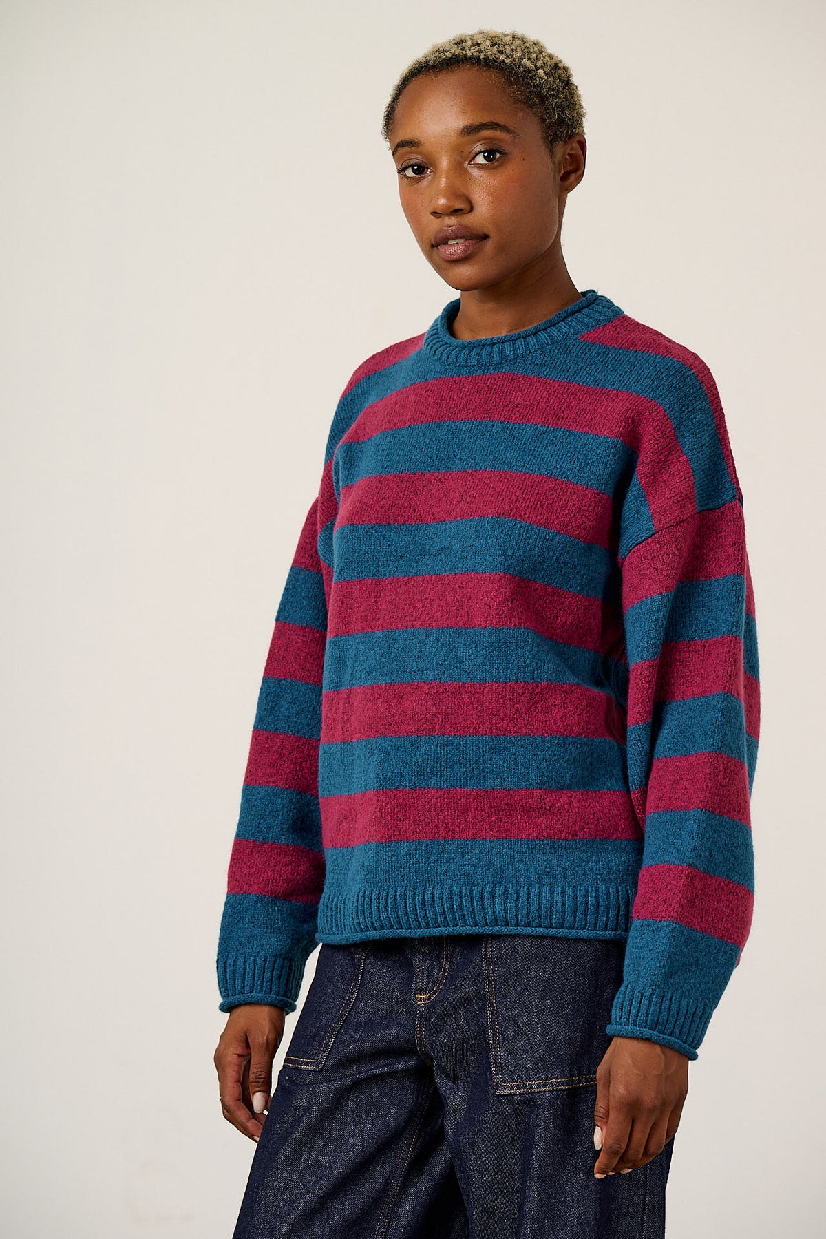 Areum - Oversized Jumper Recycled Polyester Knit in Beetroot Stripe