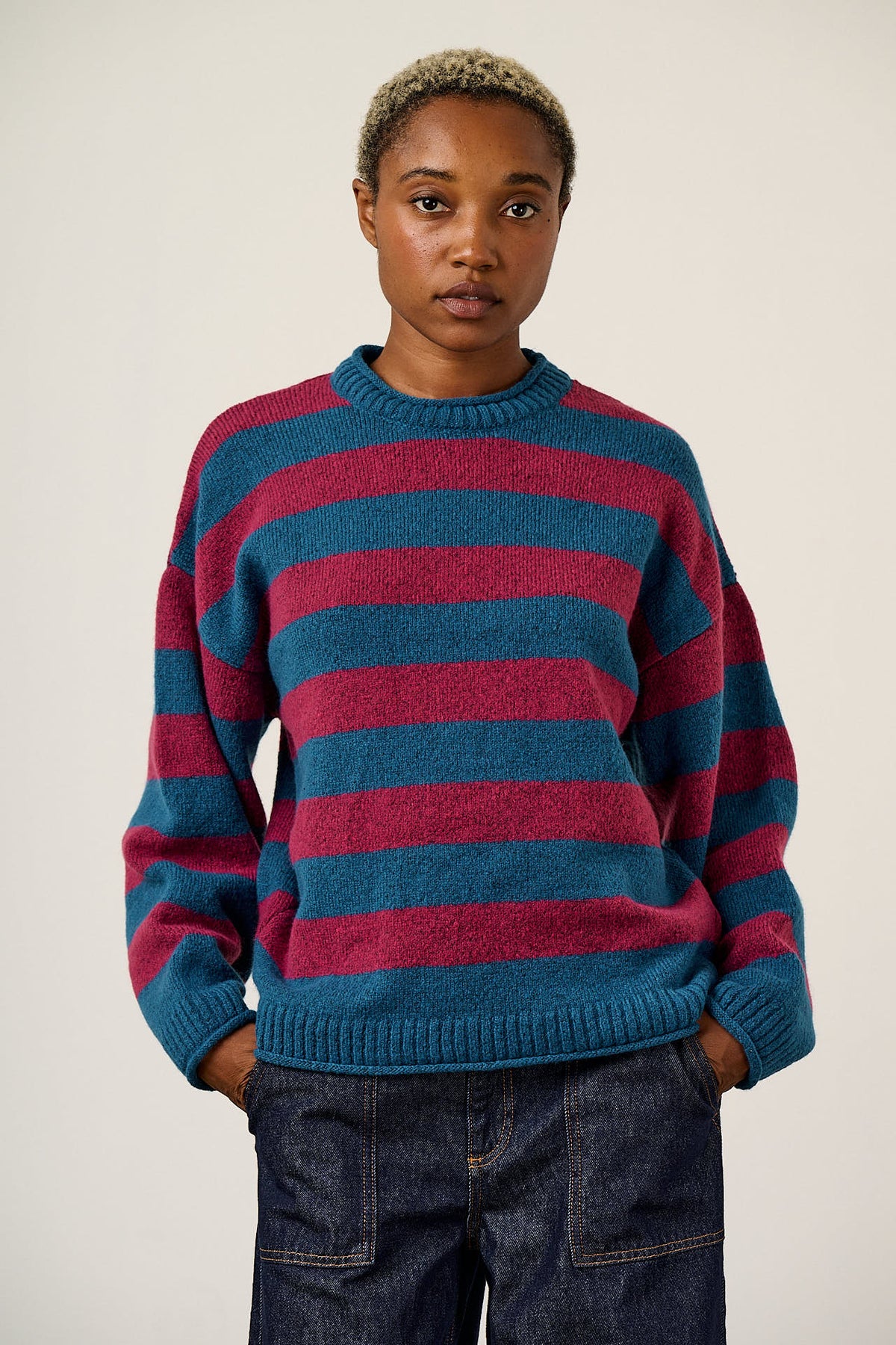 Areum - Oversized Jumper Recycled Polyester Knit in Beetroot Stripe