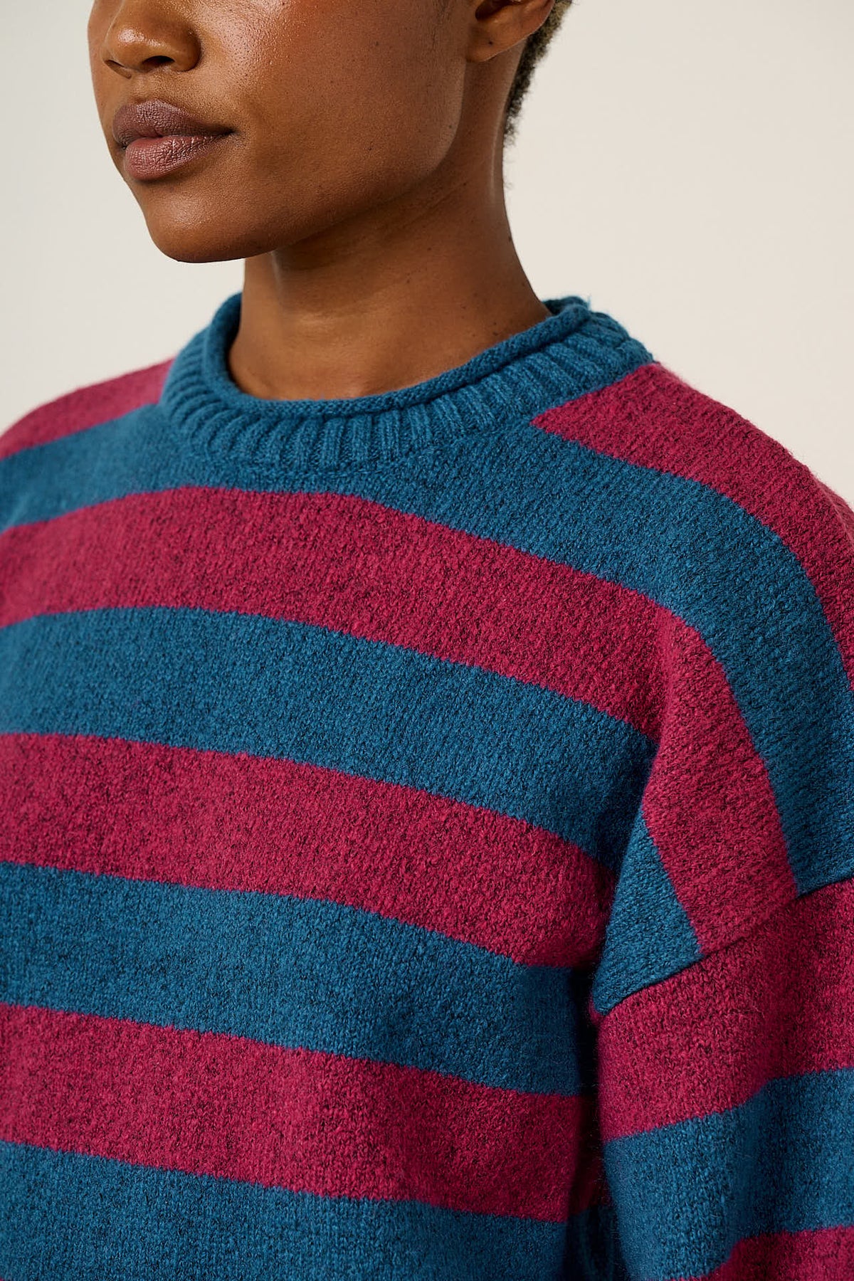 Areum - Oversized Jumper Recycled Polyester Knit in Beetroot Stripe