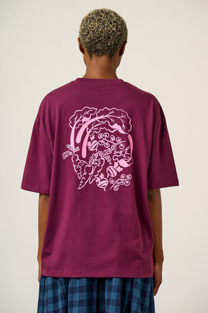 Benny - Oversized T-Shirt Organic Cotton in Burgundy Autumn Veggies Print