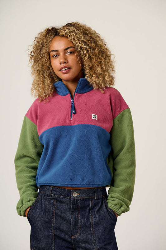 Blake - Cropped Fleece Recycled Polyester in Green, Purple and Blue Colourblock