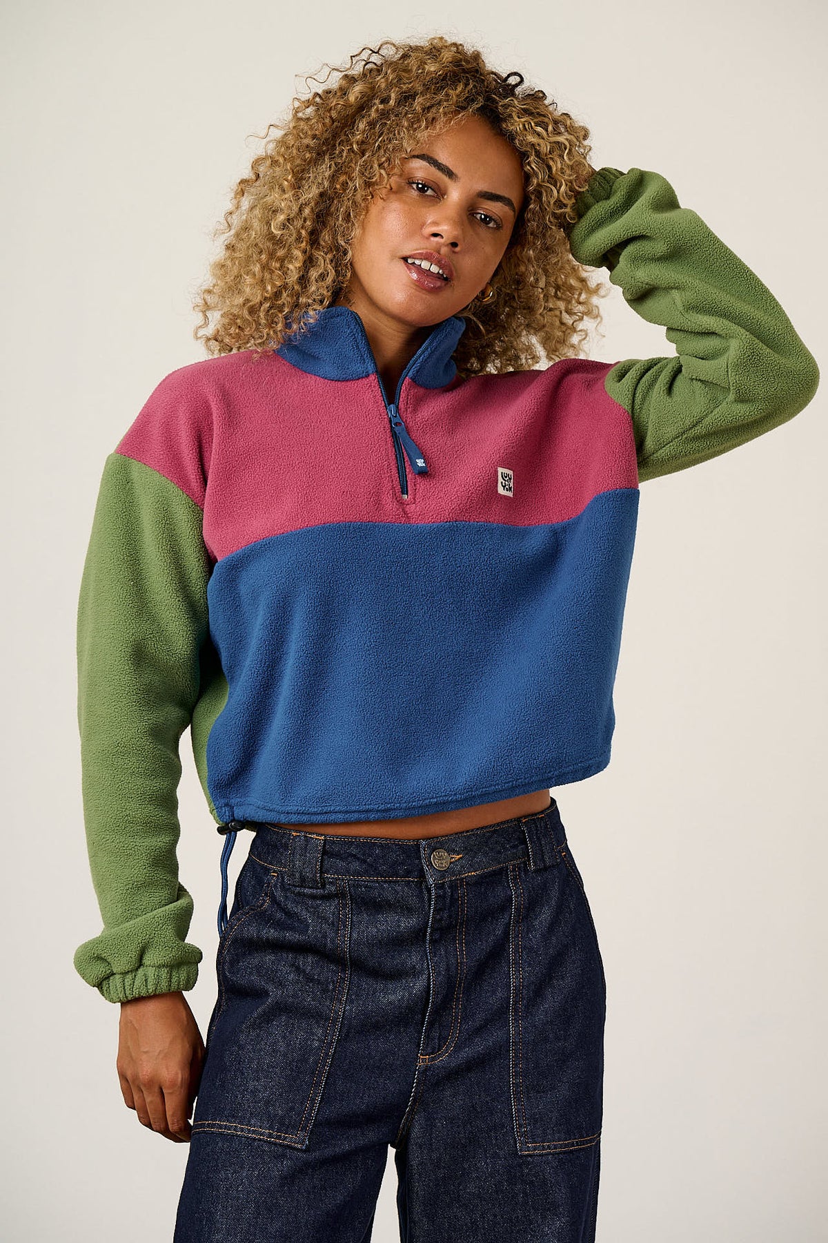 Blake - Cropped Fleece Recycled Polyester in Green, Purple and Blue Colourblock