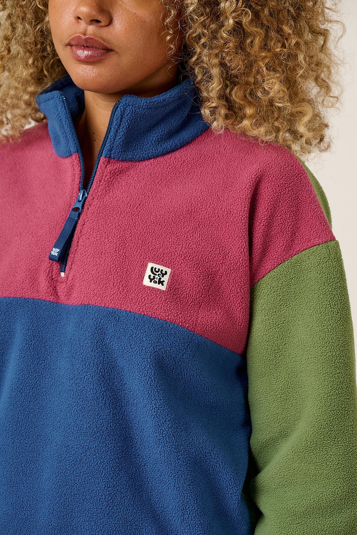 Blake - Cropped Fleece Recycled Polyester in Green, Purple and Blue Colourblock