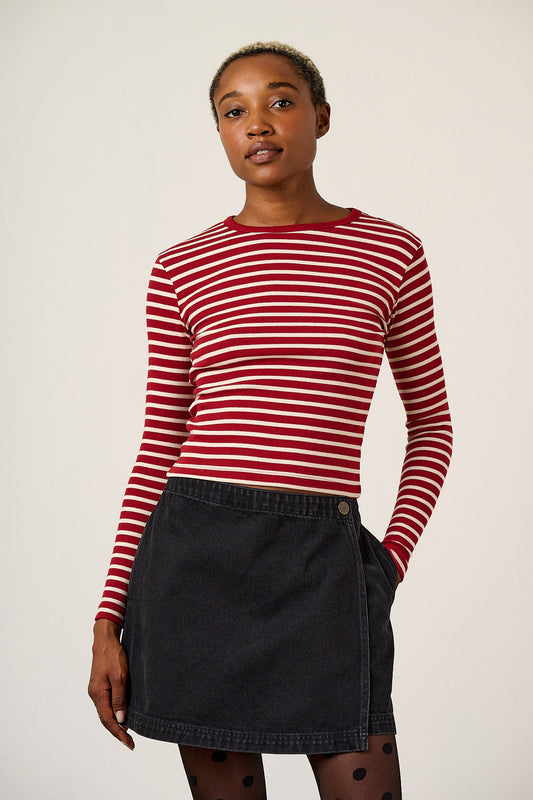 Grayson - Long Sleeve Top Cotton in Maroon Stripe
