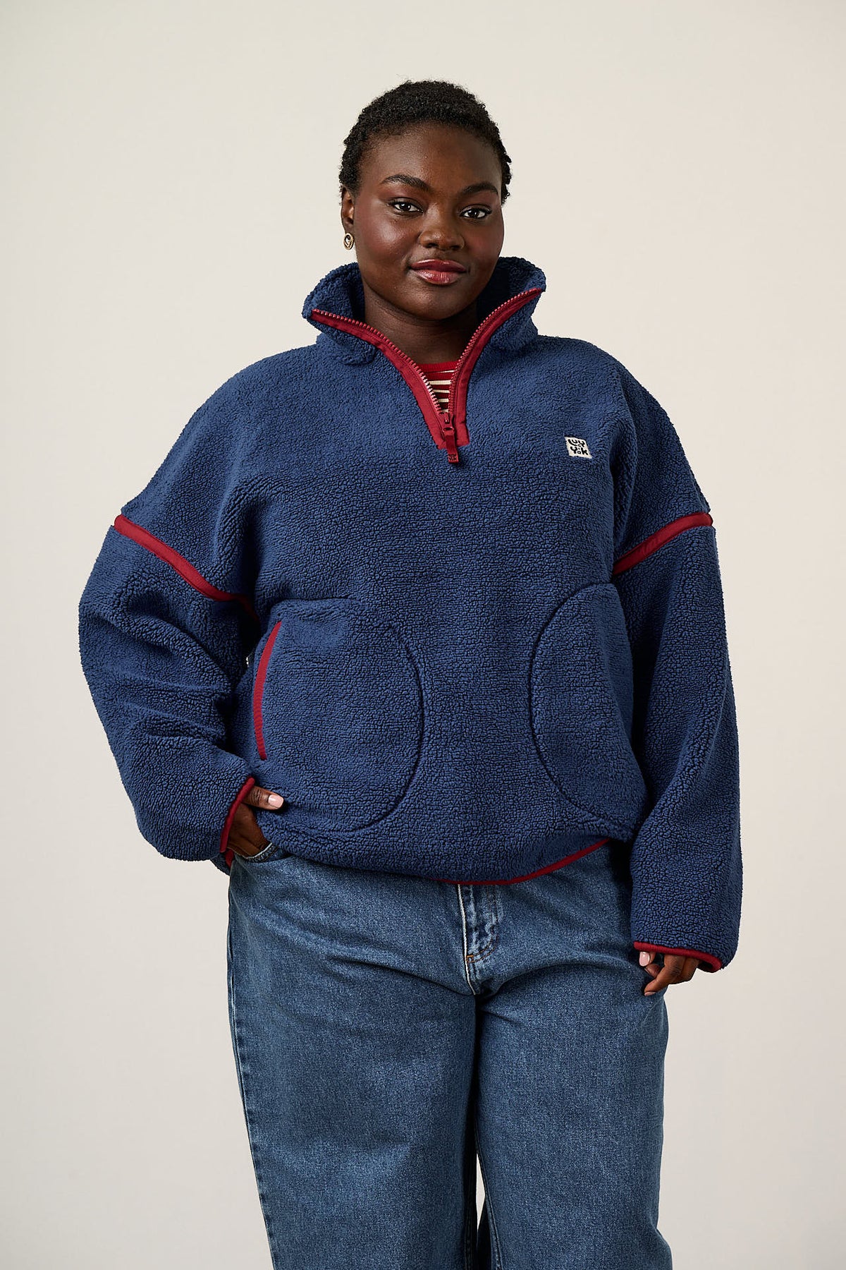 Hadley - Half Zip Fleece Recycled Polyester Borg in Navy and Burgundy