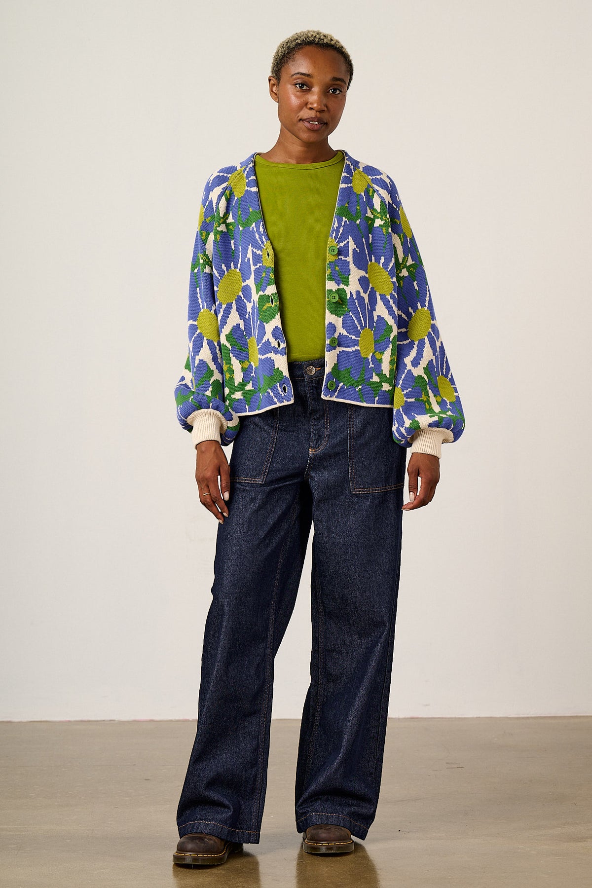 Juniper - Cardigan Organic Cotton Knit in Large Floral