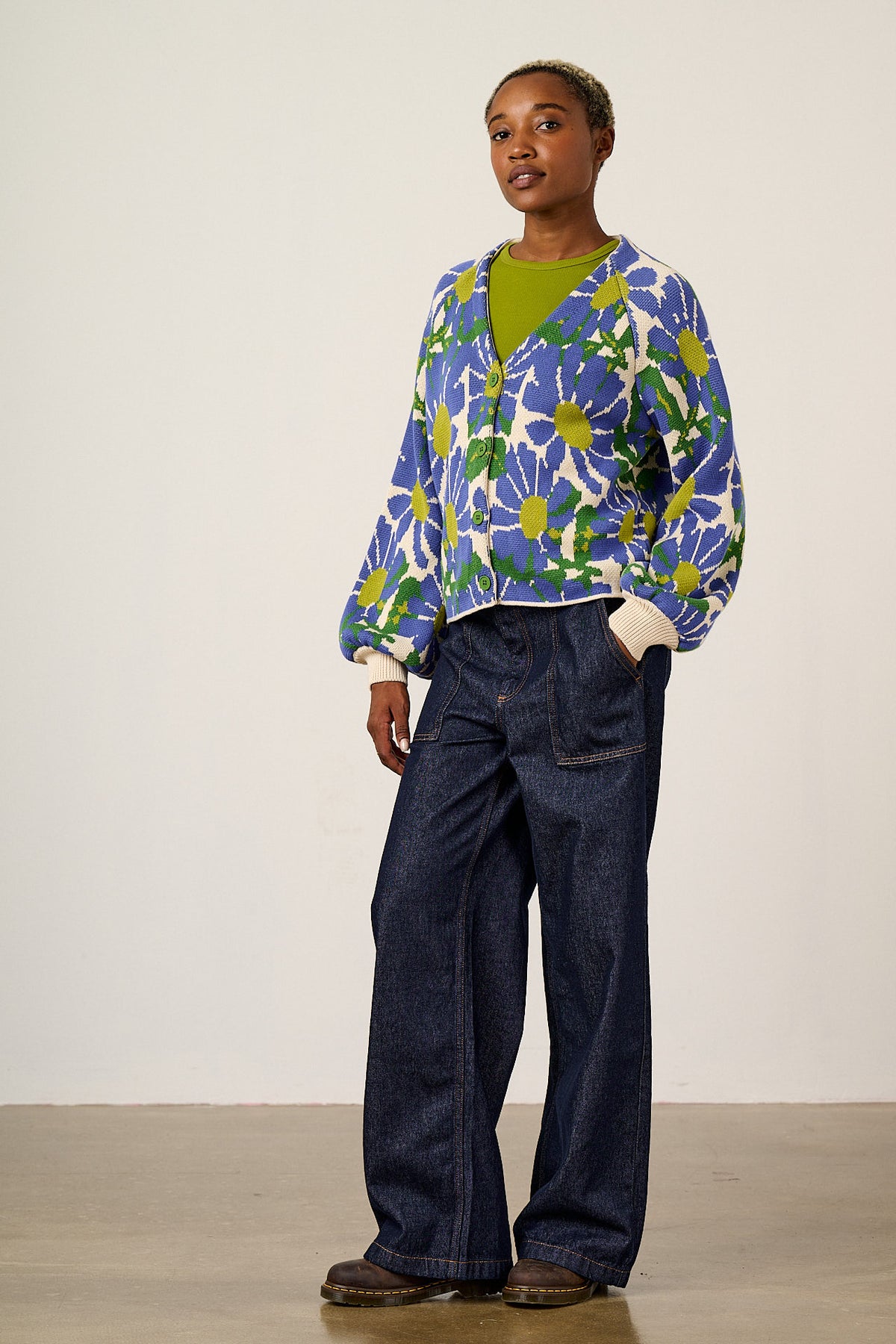 Juniper - Cardigan Organic Cotton Knit in Large Floral
