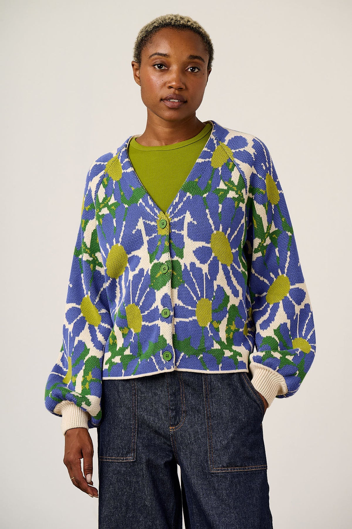 Juniper - Cardigan Organic Cotton Knit in Large Floral
