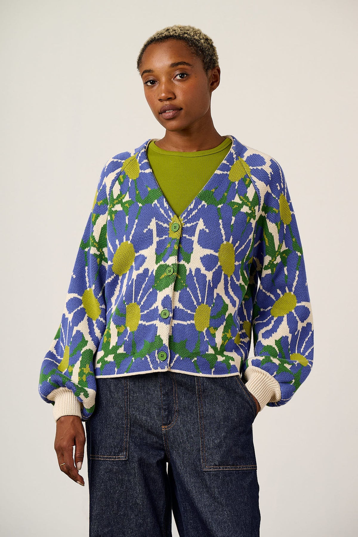 Juniper - Cardigan Organic Cotton Knit in Large Floral