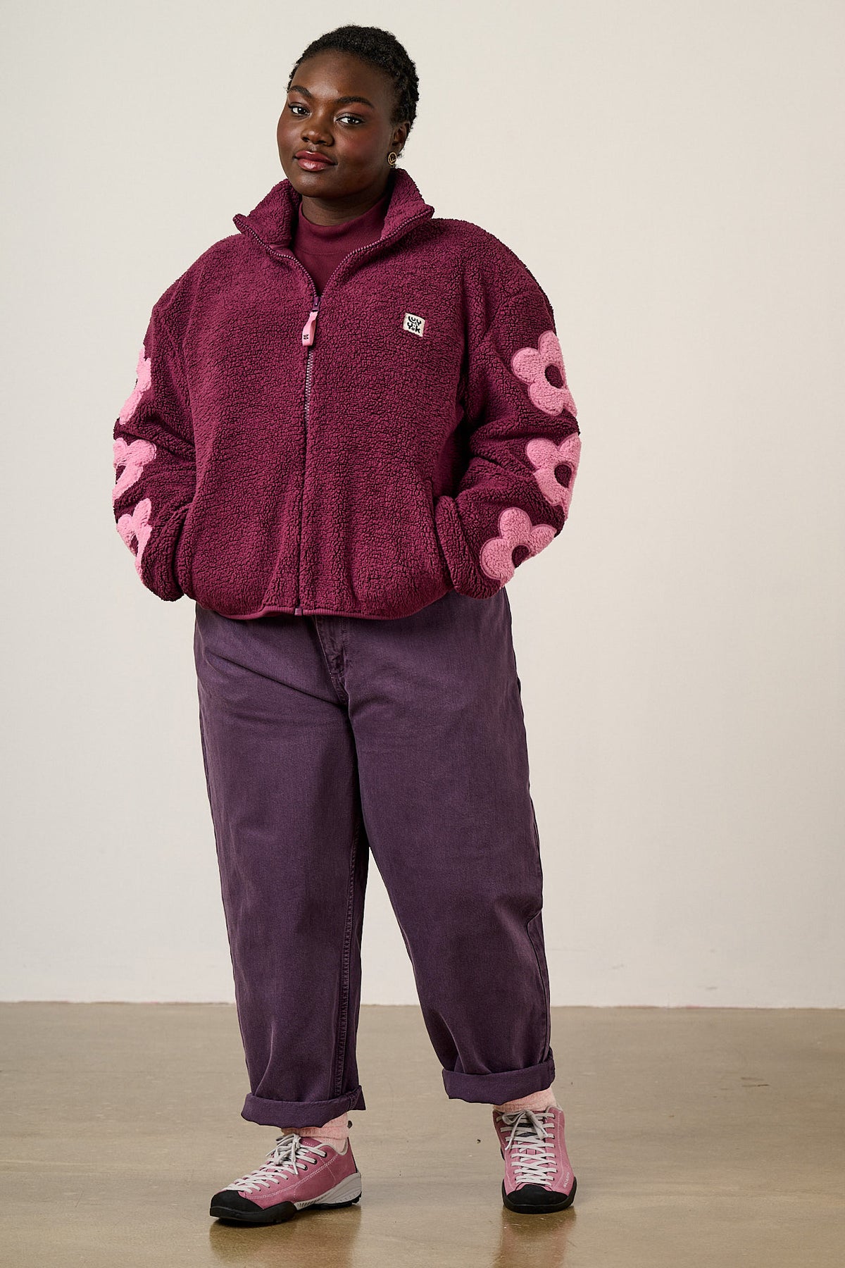 Margot - Borg Fleece Recycled Polyester in Pink and Burgundy with Flower