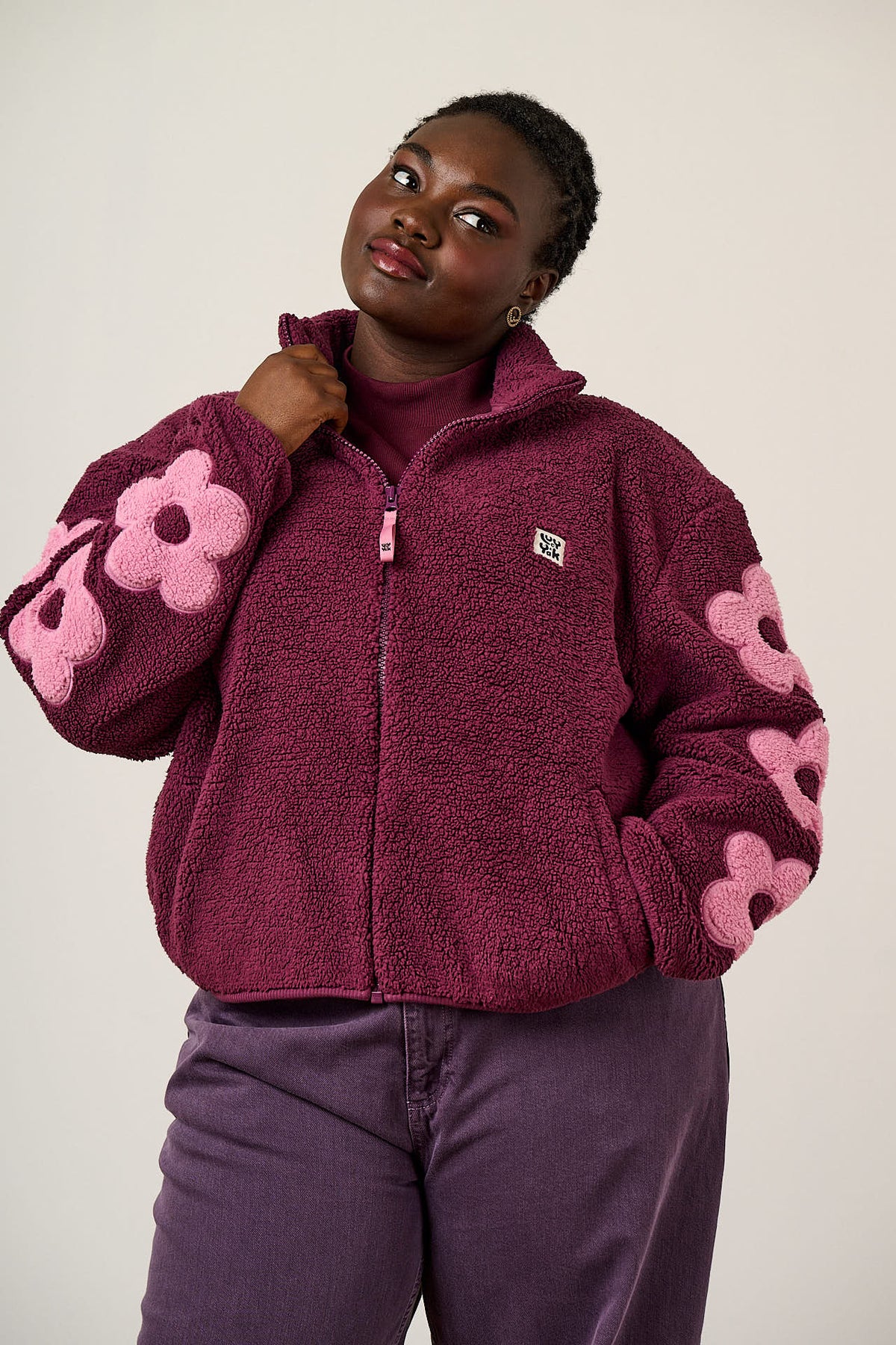 Margot - Borg Fleece Recycled Polyester in Pink and Burgundy with Flower