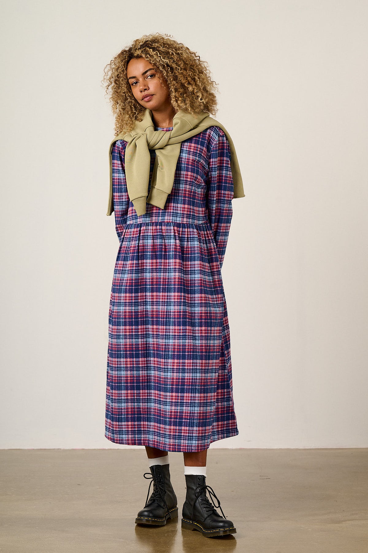 Micah - Long Sleeve Midi Dress Organic Brushed Cotton in Blue & Red Check