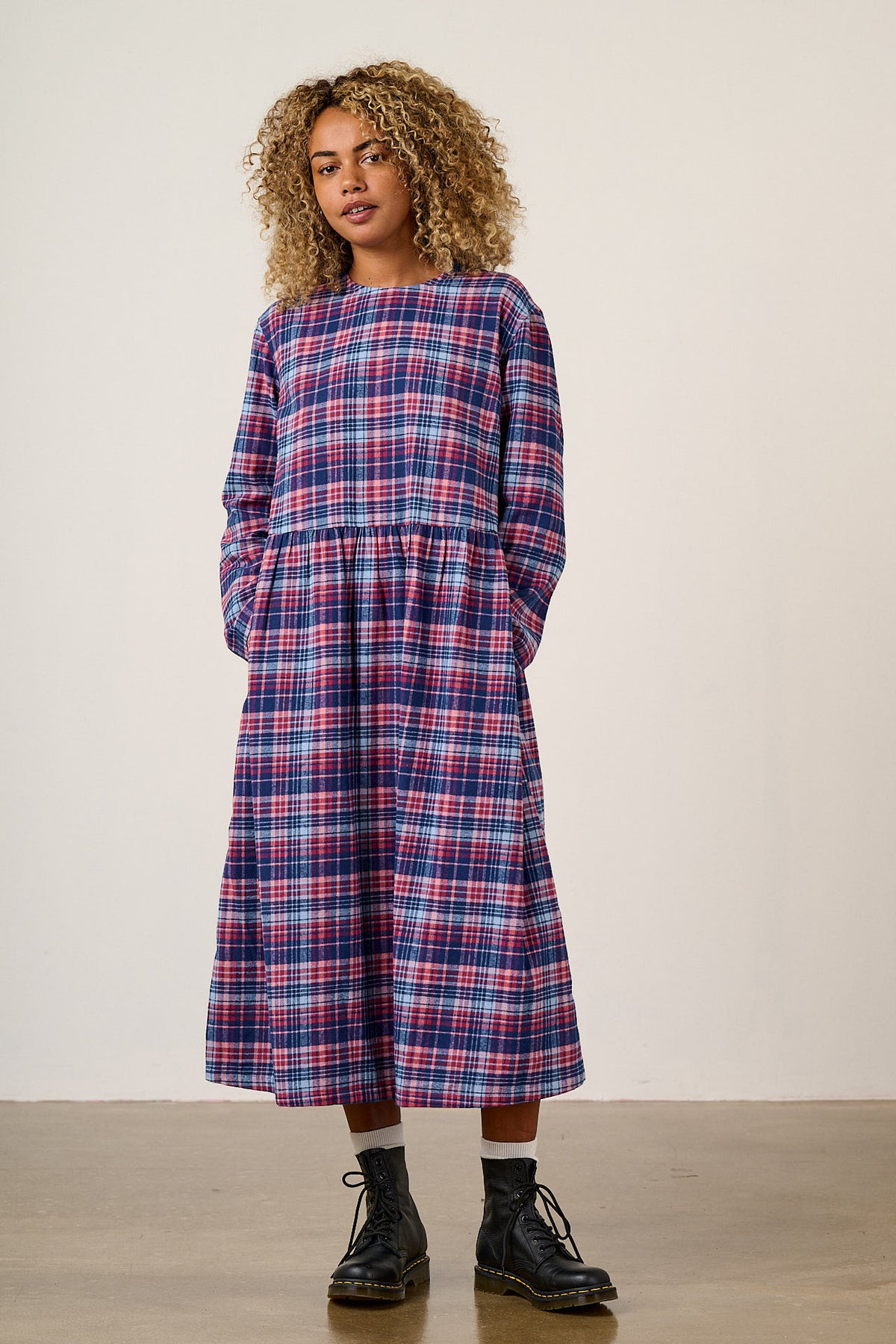 Micah - Long Sleeve Midi Dress Organic Brushed Cotton in Blue & Red Check