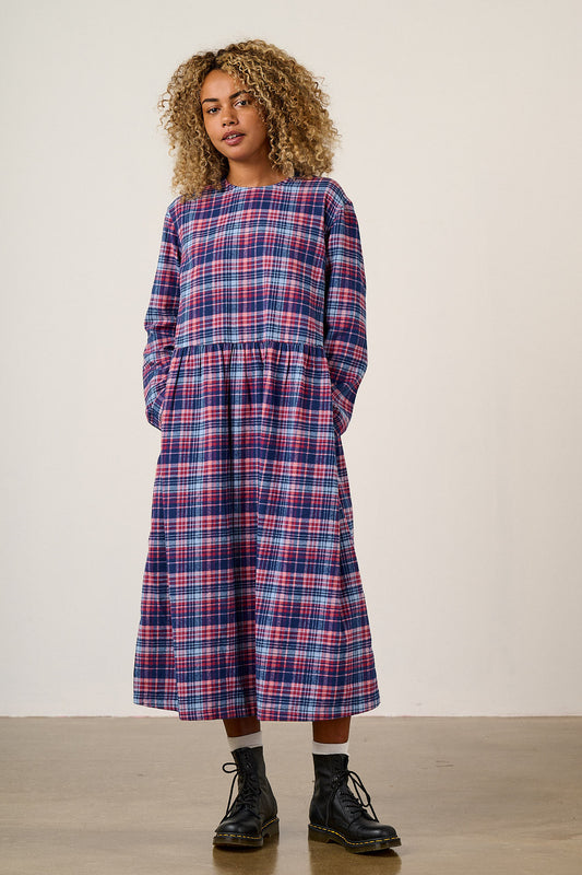 Micah - Long Sleeve Midi Dress Organic Brushed Cotton in Blue & Red Check