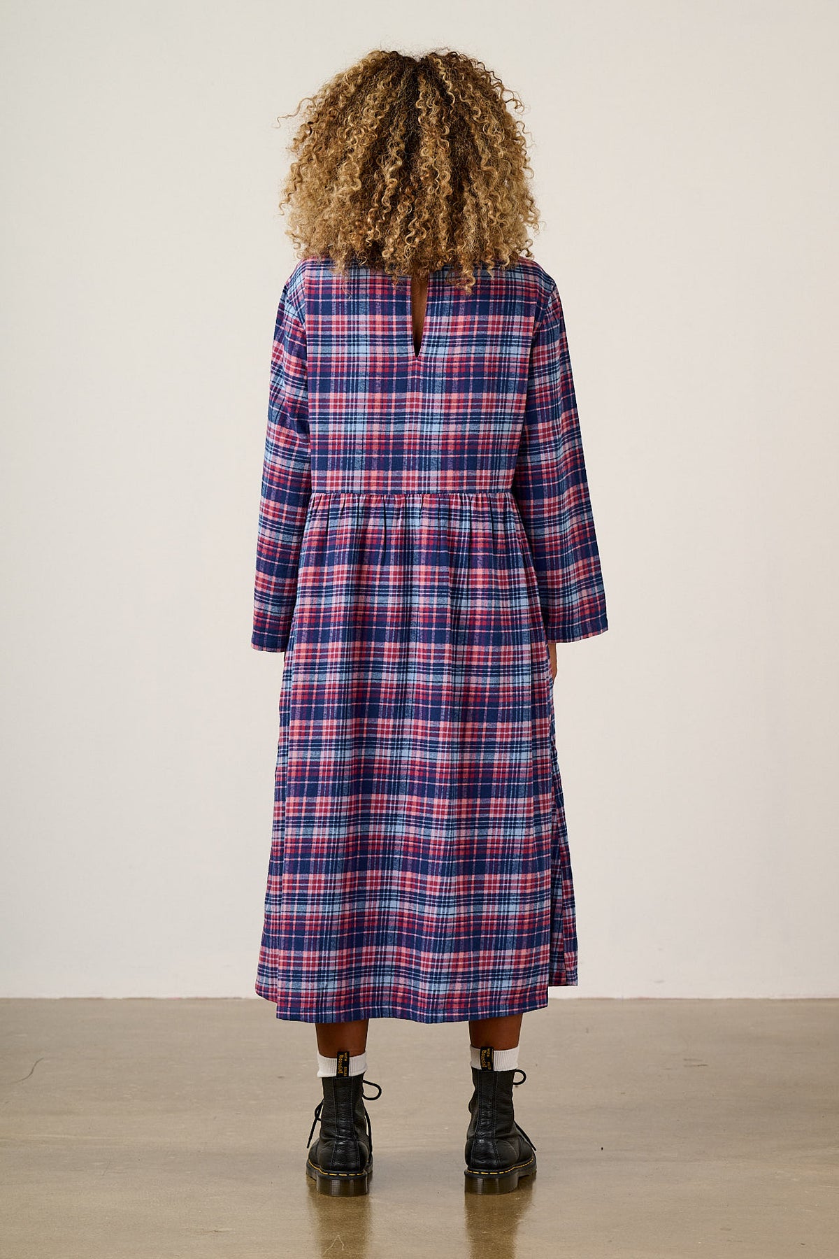 Micah - Long Sleeve Midi Dress Organic Brushed Cotton in Blue & Red Check