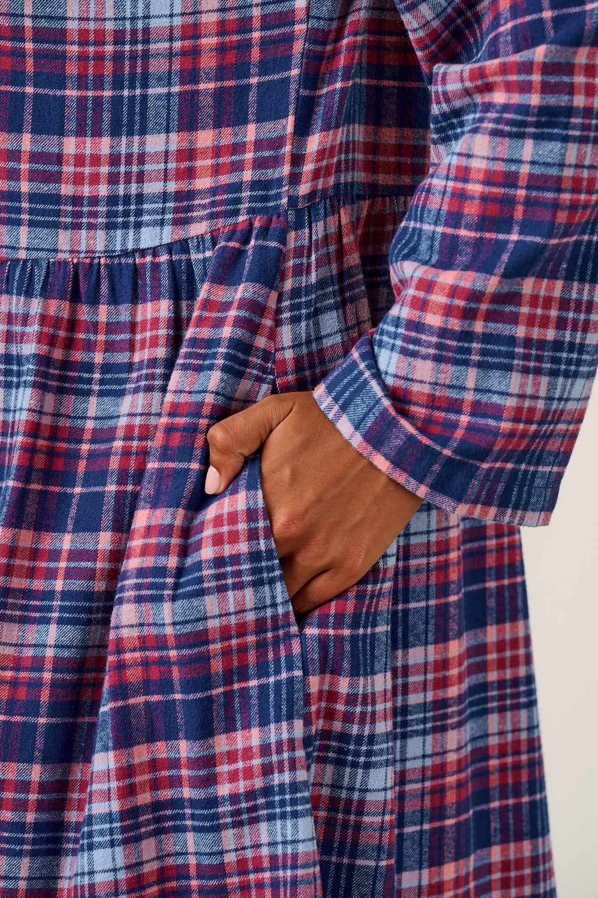 Micah - Long Sleeve Midi Dress Organic Brushed Cotton in Blue & Red Check