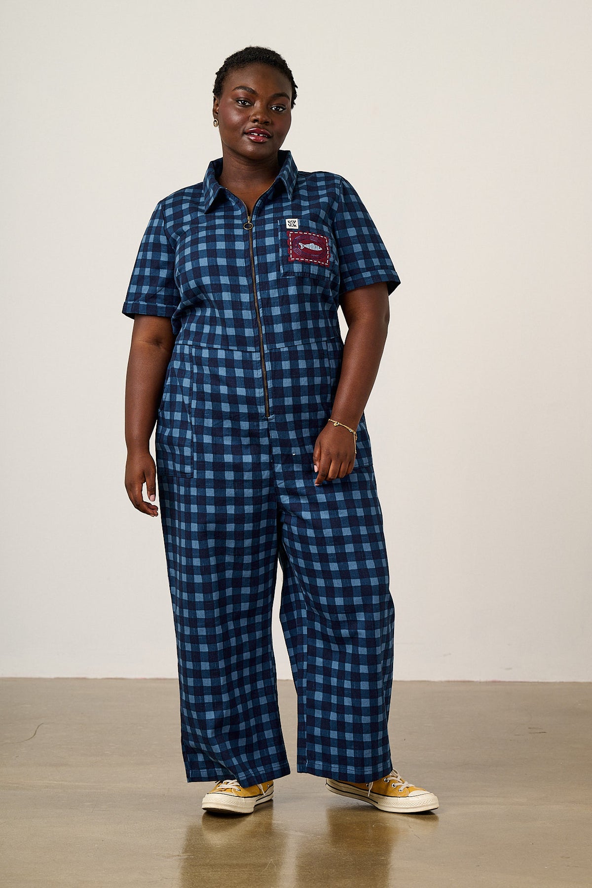 Ragan - Cropped Leg Jumpsuit Organic Cotton Twill in Navy Sardine Patches