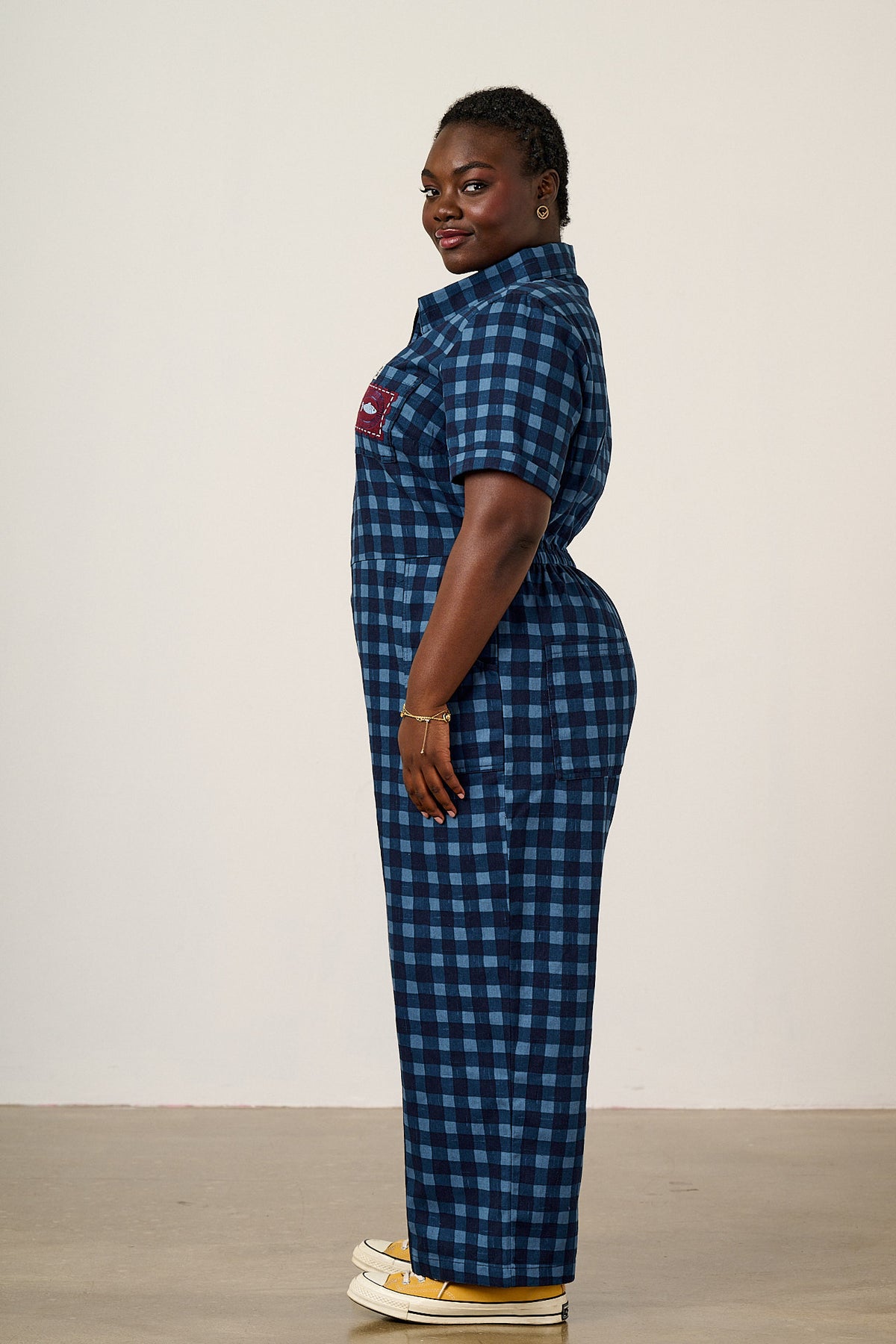 Ragan - Cropped Leg Jumpsuit Organic Cotton Twill in Navy Sardine Patches