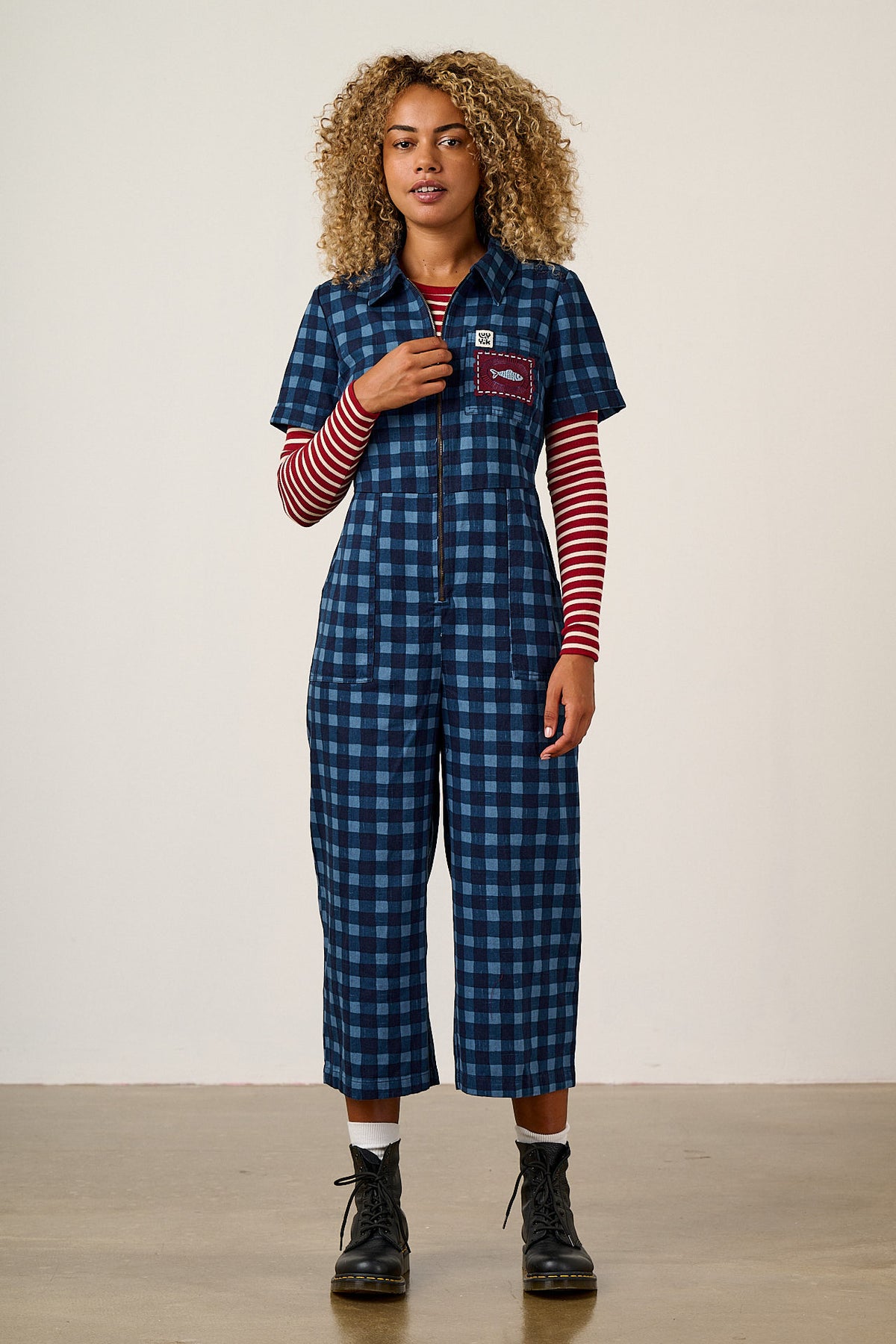 Ragan - Cropped Leg Jumpsuit Organic Cotton Twill in Navy Sardine Patches