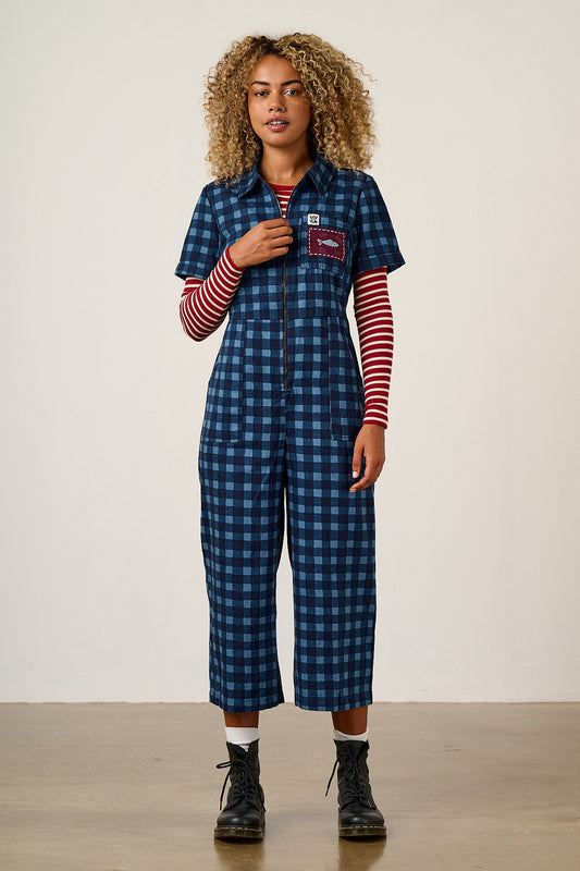 Ragan - Cropped Leg Jumpsuit Organic Cotton Twill in Navy Sardine Patches