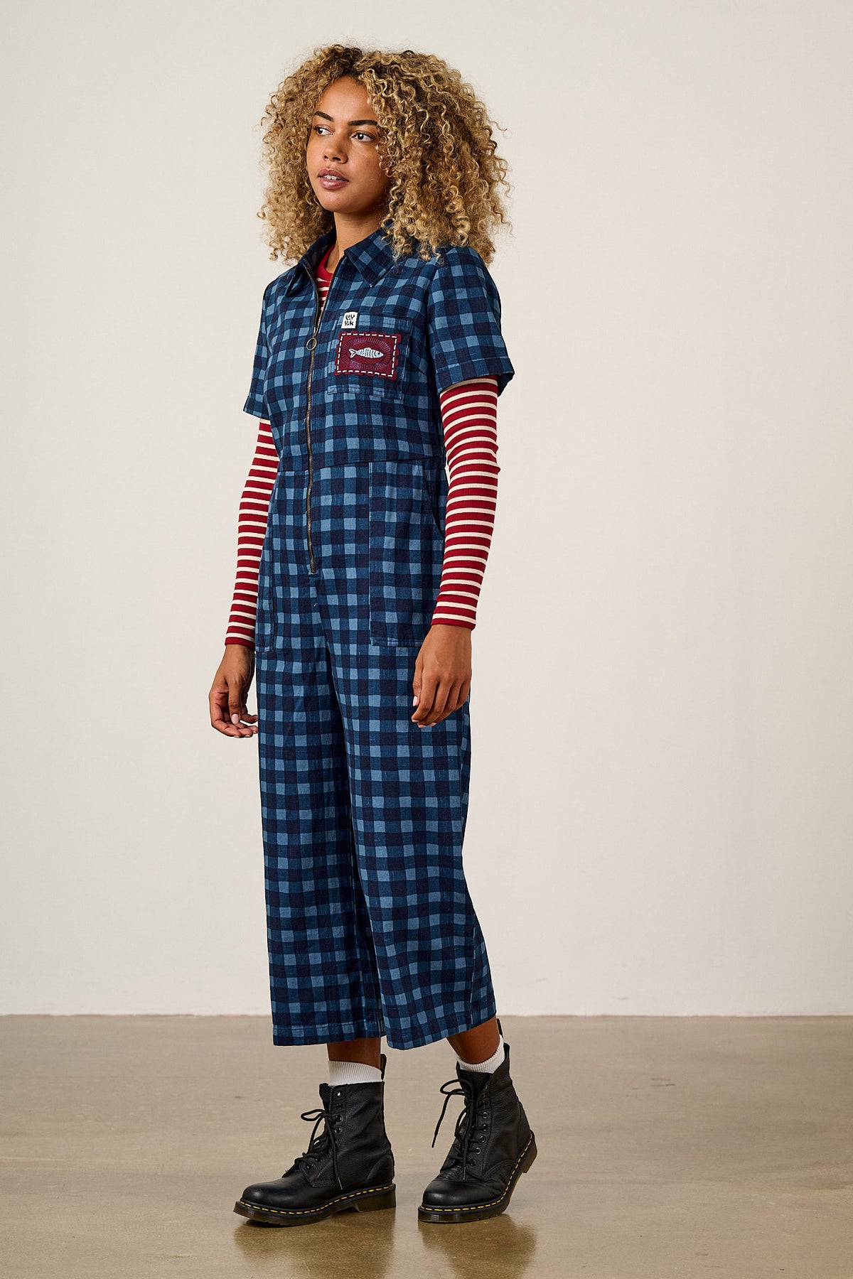 Ragan - Cropped Leg Jumpsuit Organic Cotton Twill in Navy Sardine Patches