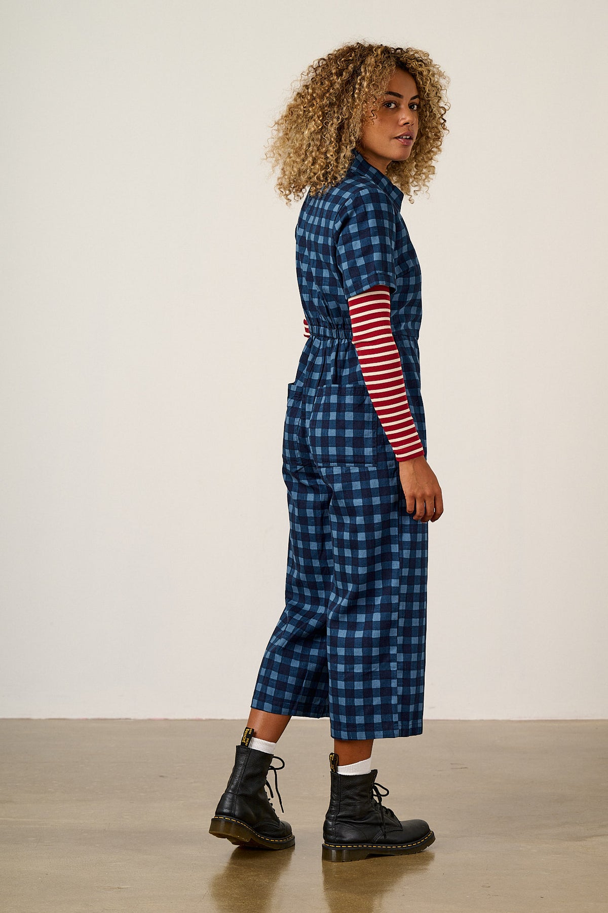 Ragan - Cropped Leg Jumpsuit Organic Cotton Twill in Navy Sardine Patches