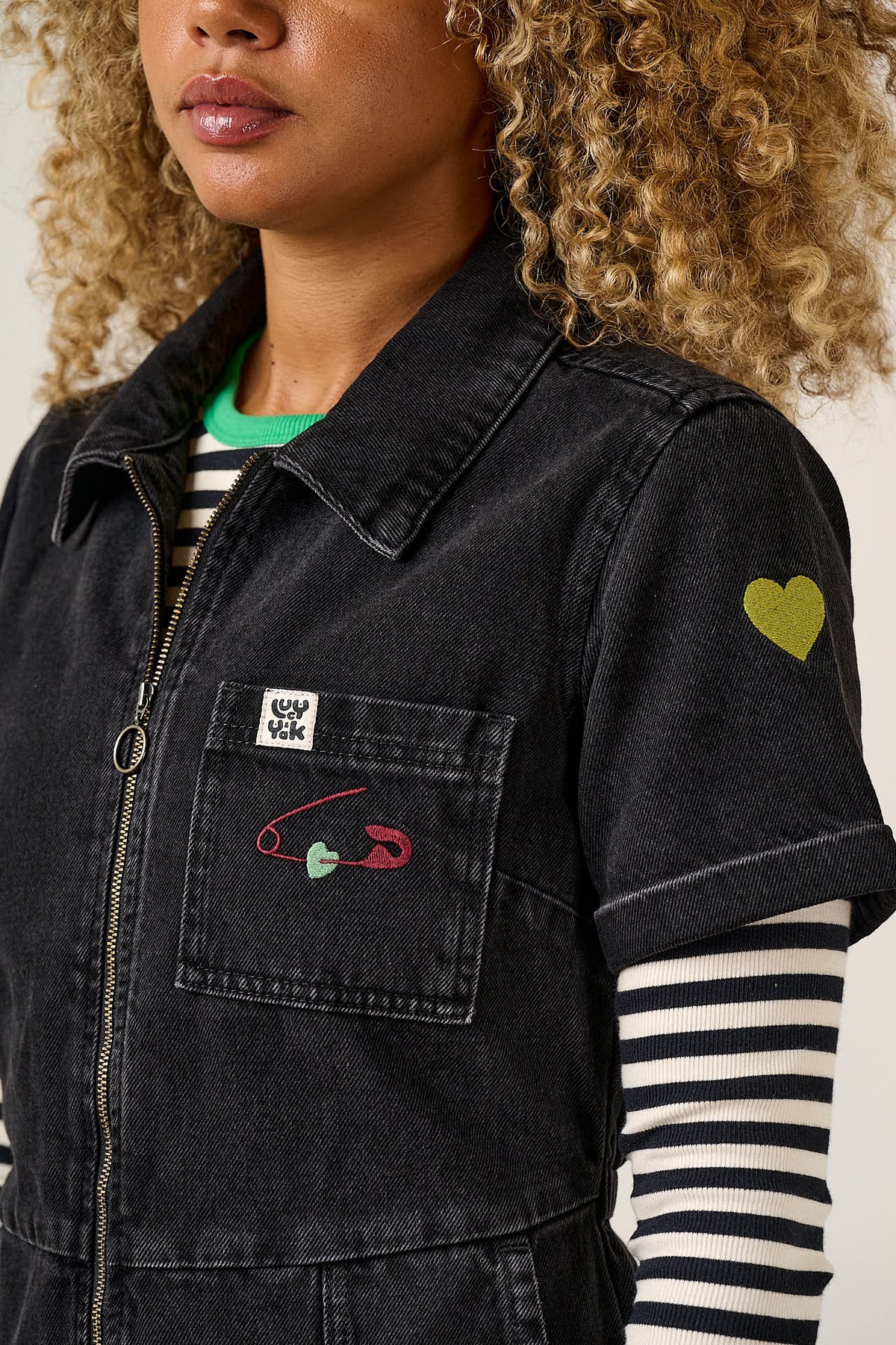 Ragan - Cropped Leg Jumpsuit Organic Cotton Denim in Washed Black with Punk Energy Patches