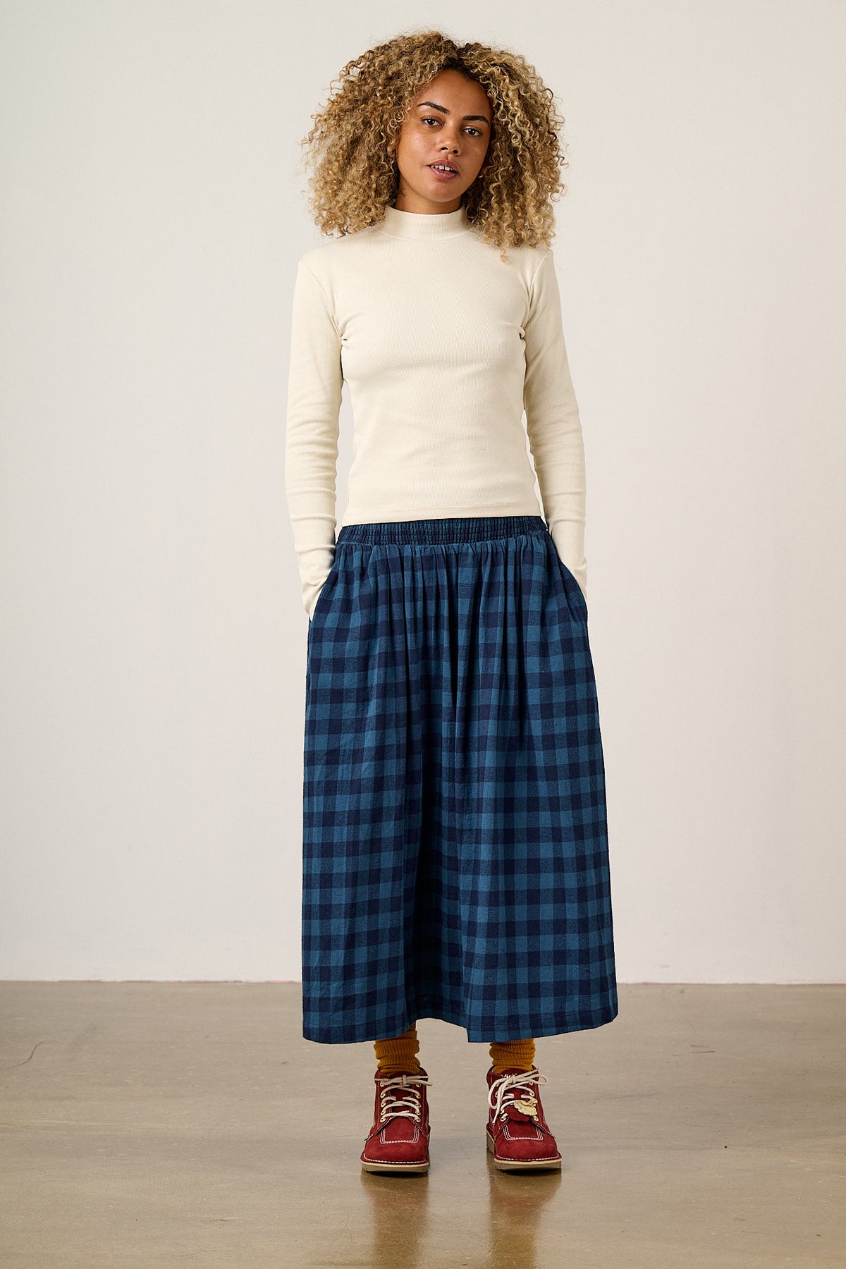 Sofiya - A-Line Midi Skirt Organic Brushed Cotton in Navy Sea Spray Check