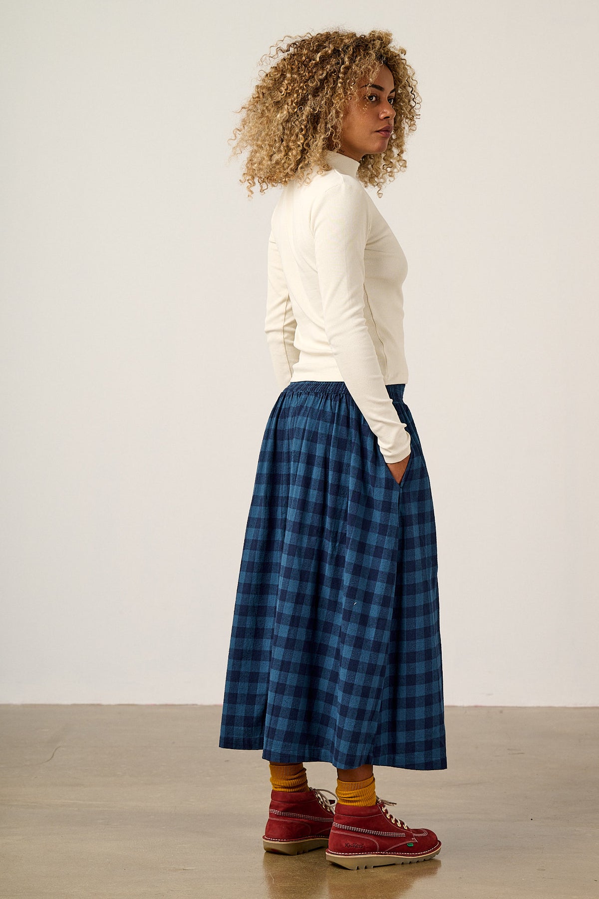 Sofiya - A-Line Midi Skirt Organic Brushed Cotton in Navy Sea Spray Check