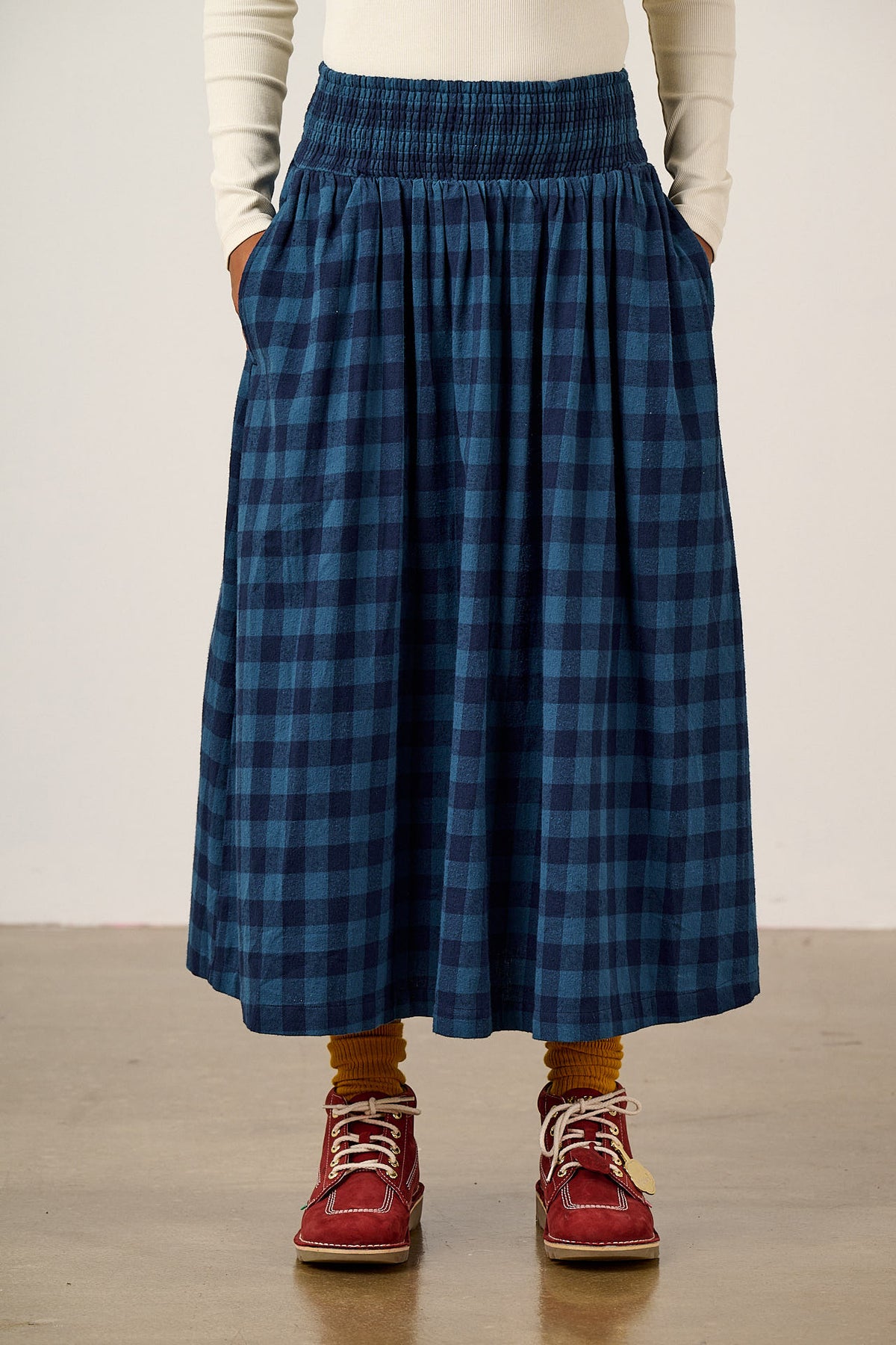Sofiya - A-Line Midi Skirt Organic Brushed Cotton in Navy Sea Spray Check