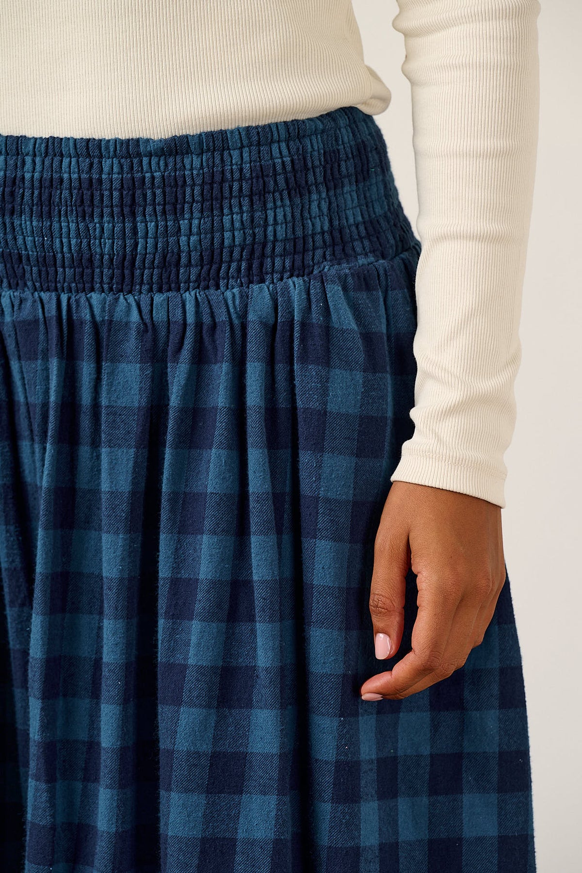 Sofiya - A-Line Midi Skirt Organic Brushed Cotton in Navy Sea Spray Check