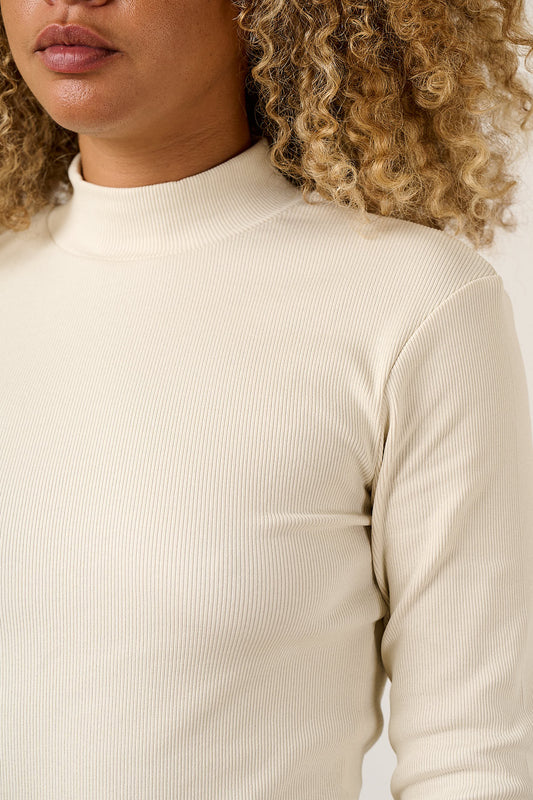 Tia - Long Sleeve Funnel Neck Top Cotton in Ecru