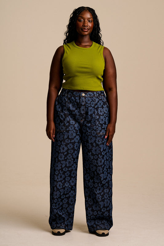 Delores - Wide Leg Denim Jeans in Indigo Vida Floral