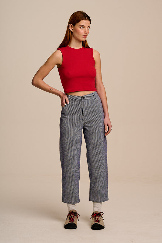 Drew - Cropped Straight Leg Trousers Organic Cotton in Navy Stripe