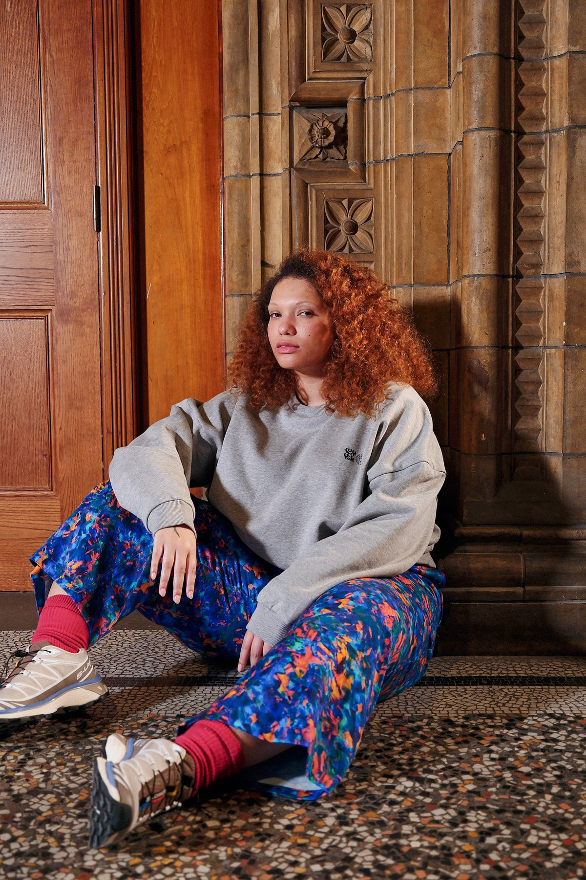 L.E. Chuck - Wide Leg Trousers - Organic Cotton in Digital Blur Natural History Museum & Yak